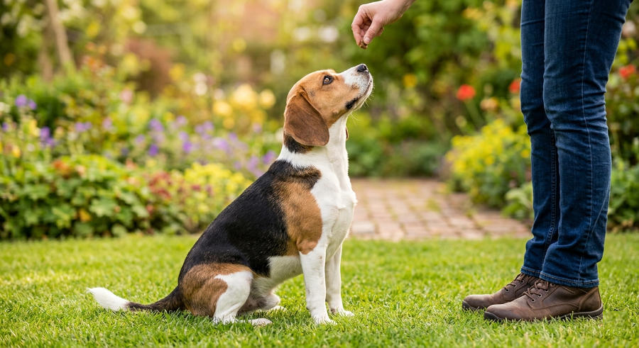Pies rasy Beagle siedzący poprawnie i patrzący na opiekuna