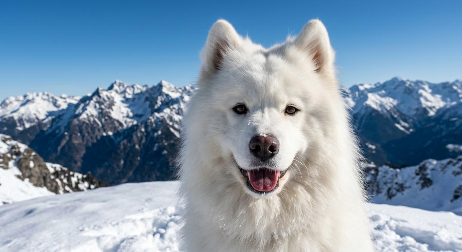 Biały puszysty Samoyed uśmiechający się do kamery